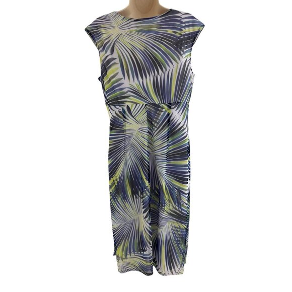 London Times Purple Green Palm Print Mesh Sheath Dress Size 12 Summer Tropical - Picture 3 of 6